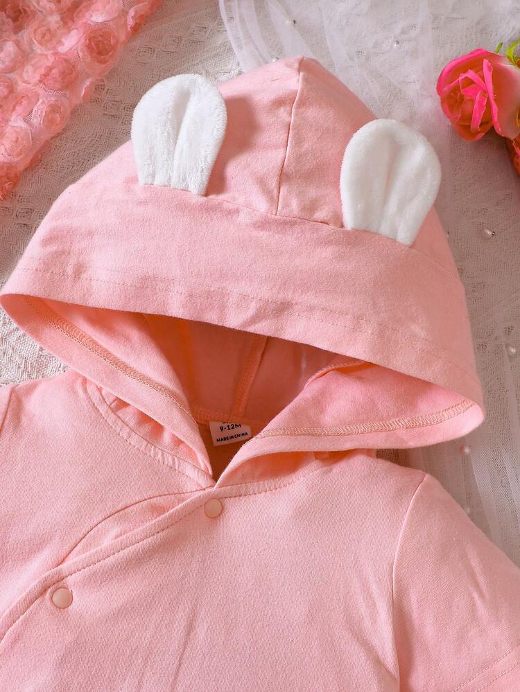 女嬰卡通圖案3D耳朵設計連帽連身褲 - 粉色 - 查看 3