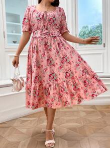 SHEIN LUNE Plus Floral Print Ruffle Hem Dress