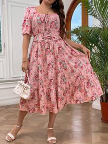 SHEIN LUNE Plus Floral Print Ruffle Hem Dress