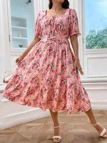 SHEIN LUNE Plus Floral Print Ruffle Hem Dress