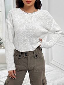 SHEIN Unity 素色落肩袖套頭毛衣 - 白色 - 查看 1