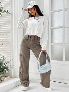 SHEIN Unity 素色落肩袖套頭毛衣 - 白色 - 查看 4