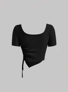 SHEIN MOD Drawstring Side Asymmetrical Hem Tee - Black - View 2