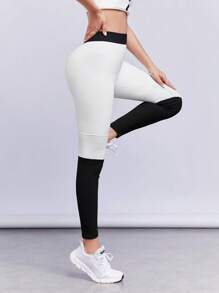 SHEINNeu Two Tone Tummy Control Sports Leggings - Black and White - View 1