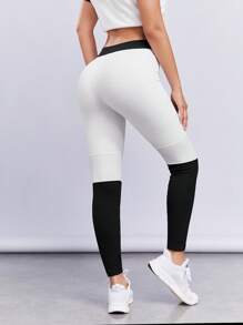 SHEINNeu Two Tone Tummy Control Sports Leggings - Black and White - View 4