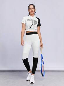 SHEINNeu Two Tone Tummy Control Sports Leggings - Black and White - View 5