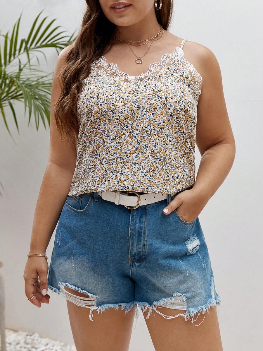 SHEIN Frenchy Plus Ditsy Floral Print Lace Trim Cami Top - White - View 1