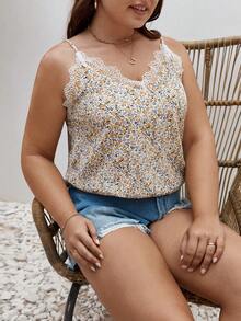 SHEIN Frenchy Plus Ditsy Floral Print Lace Trim Cami Top - White - View 3