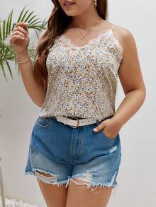 SHEIN Frenchy Plus Ditsy Floral Print Lace Trim Cami Top - White - View 4