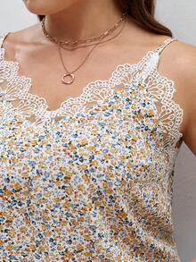 SHEIN Frenchy Plus Ditsy Floral Print Lace Trim Cami Top - White - View 6