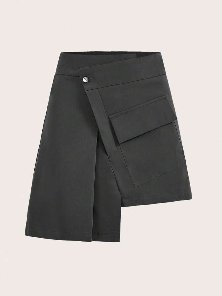 Flap Pocket Asymmetrical Hem Skirt