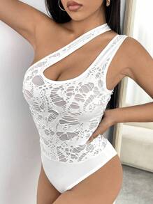 SHEIN SXY 單肩破洞素色連身背心 - 白色 - 查看 1