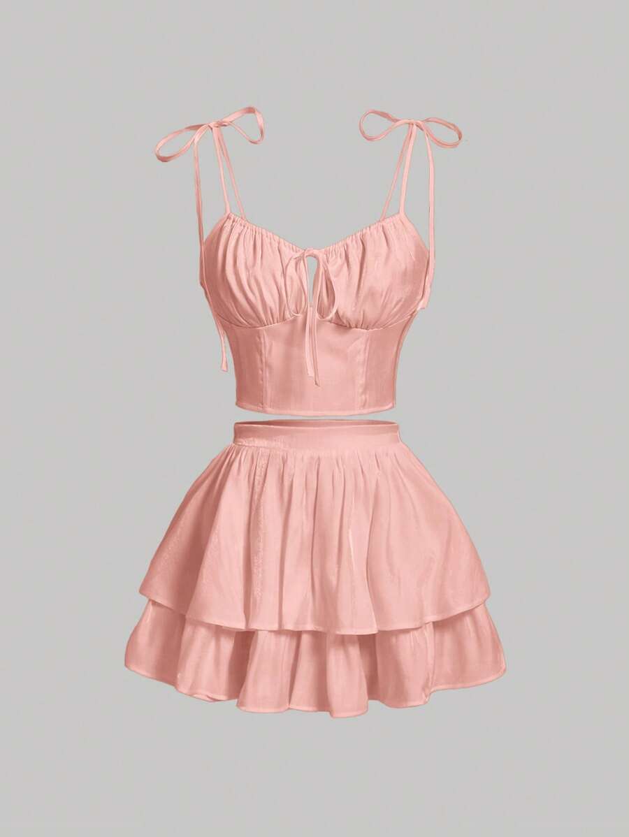 SHEIN MOD Ruched Bust Tie Shoulder Cami Top & Two Layer Hem Skirt - Baby Pink - View 1