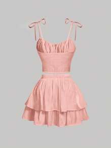 SHEIN MOD Ruched Bust Tie Shoulder Cami Top & Two Layer Hem Skirt - Baby Pink - View 2