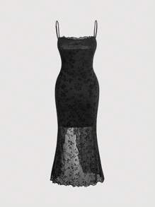 SHEIN MOD Vestido de tirantes con estampado floral ribete en forma de lechuga bajo sirena de malla - Negro - Ver 2