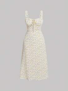 SHEIN MOD 胸部褶皺小碎花吊帶連衣裙 - 黃色 - 查看 1