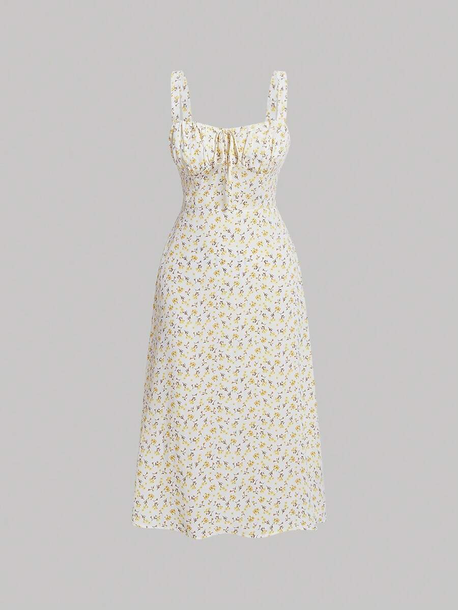 SHEIN MOD 胸部褶皺小碎花吊帶連衣裙 - 黃色 - 查看 1
