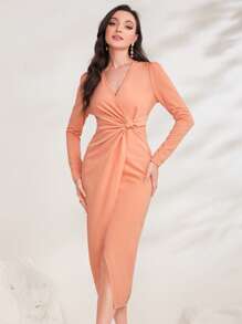 Modelyn Solid Wrap Hem Bodycon Dress - Pink - View 1