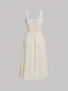 SHEIN MOD 胸部褶皺小碎花吊帶連衣裙 - 黃色 - 查看 2