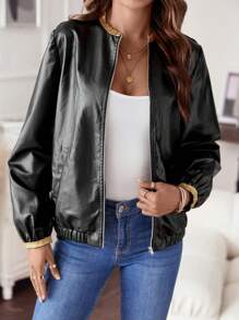 SHEIN LUNE 1pc Contrast Trim PU Leather Jacket - Black - View 1