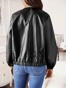 SHEIN LUNE 1pc Contrast Trim PU Leather Jacket - Black - View 2