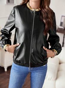 SHEIN LUNE 1pc Contrast Trim PU Leather Jacket - Black - View 3