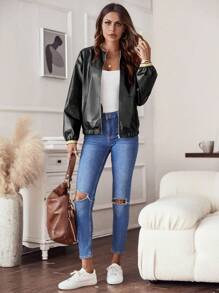 SHEIN LUNE 1pc Contrast Trim PU Leather Jacket - Black - View 6