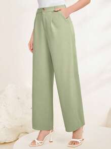 Modelyn Solid Slant Pocket Straight Leg Suit Trousers - Mint Green - View 3