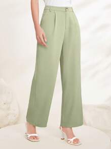 Modelyn Solid Slant Pocket Straight Leg Suit Trousers - Mint Green - View 4