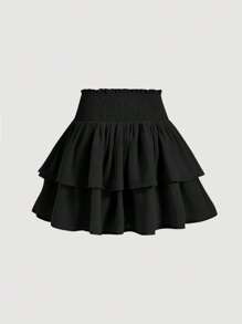 SHEIN MOD Black Bilayer Summer Frill Shirred Waist Two Layer Hem Skirt - Black - View 2