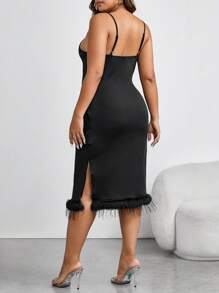 Allurite Plus Solid Split Hem Cami Dress - Black - View 3