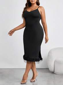 Allurite Plus Solid Split Hem Cami Dress - Black - View 4