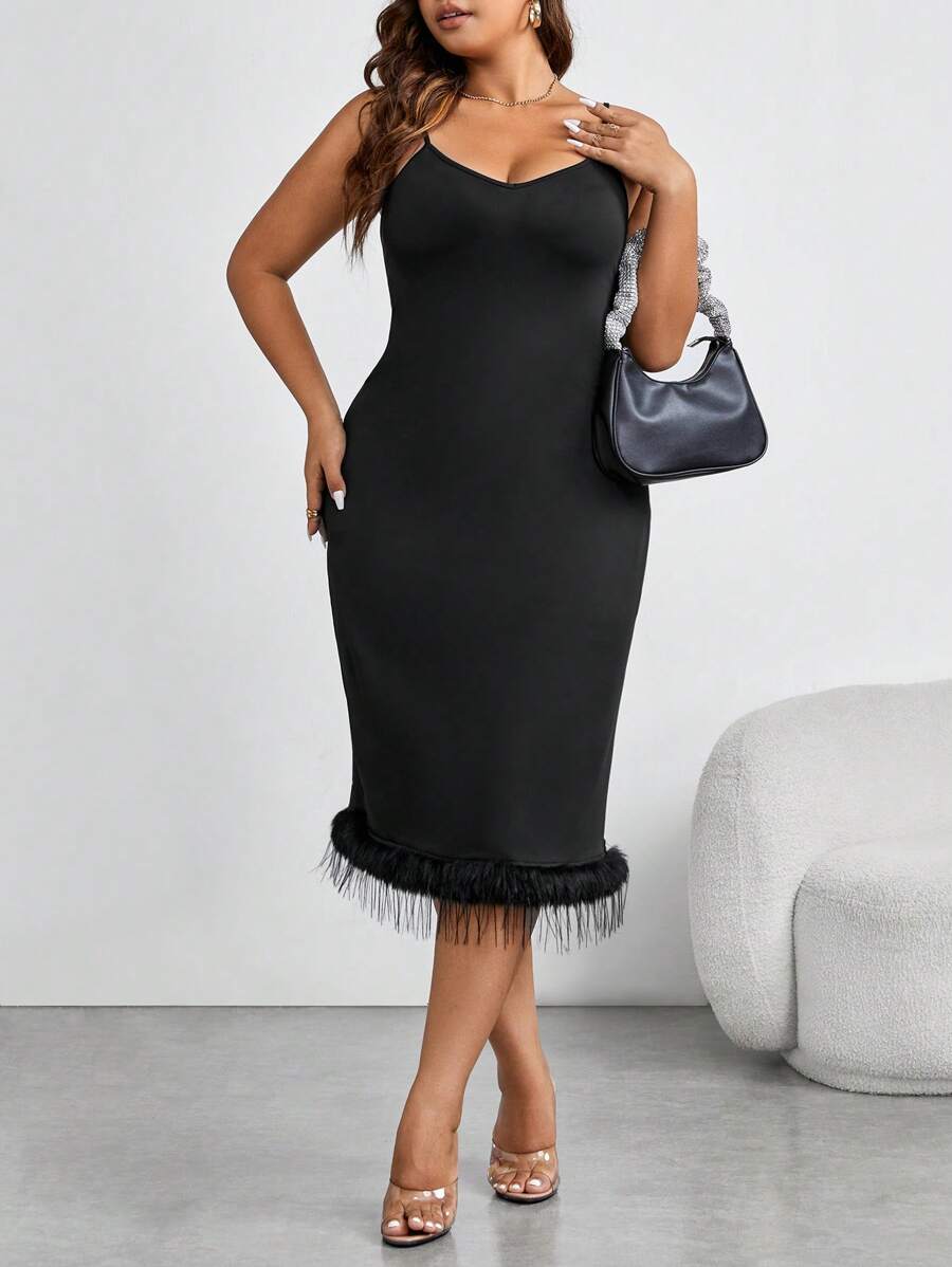 Allurite Plus Solid Split Hem Cami Dress - Black - View 1