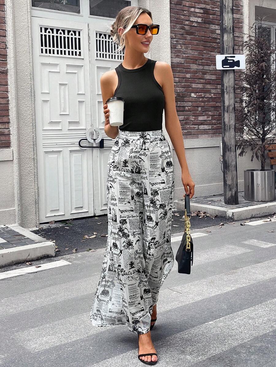 SHEIN Essnce 報紙印花闊腿褲 - 黑與白 - 查看 1