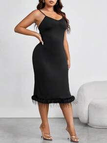 Allurite Plus Solid Split Hem Cami Dress - Black - View 5
