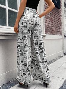 SHEIN Essnce 報紙印花闊腿褲 - 黑與白 - 查看 2