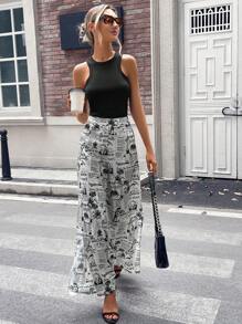 SHEIN Essnce 報紙印花闊腿褲 - 黑與白 - 查看 4