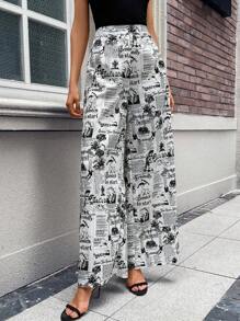SHEIN Essnce 報紙印花闊腿褲 - 黑與白 - 查看 5