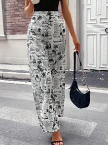 SHEIN Essnce 報紙印花闊腿褲 - 黑與白 - 查看 6