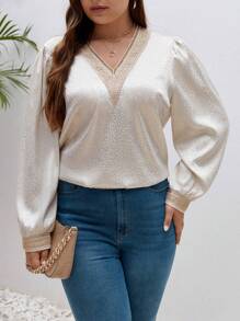 SHEIN Frenchy 大碼斑點圖案提花燈籠袖襯衫 - 杏色 - 查看 1