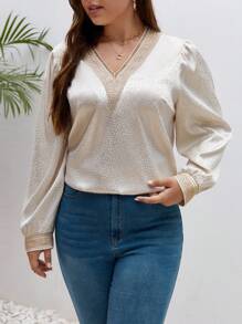 SHEIN Frenchy 大碼斑點圖案提花燈籠袖襯衫 - 杏色 - 查看 6