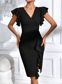 SHEIN Privé Vestido ajustado ribete con fruncido con abertura trasera - Negro - Ver 5