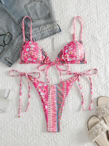 SHEIN Swim Summer Beach Floral Print Triangle Tie Side Bikini Set - Pink - View 1