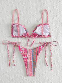 SHEIN Swim Summer Beach Floral Print Triangle Tie Side Bikini Set - Pink - View 2