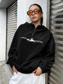 DAZY Đồ họa núi & chữ Thả vai Một nửa khóa kéo Hoodie - màu đen - Xem 3
