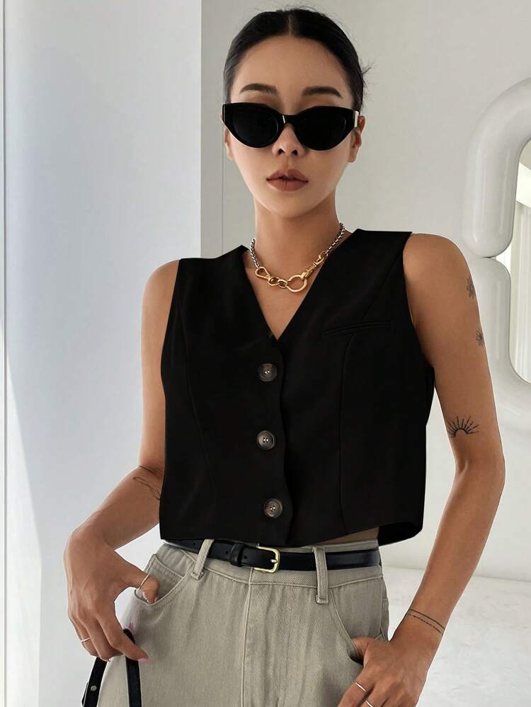Solid Button Front Crop Vest Blazer Business Attire