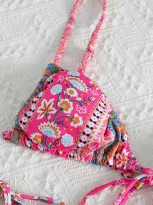 SHEIN Swim Summer Beach Floral Print Triangle Tie Side Bikini Set - Pink - View 4