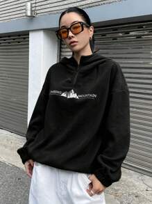 DAZY Đồ họa núi & chữ Thả vai Một nửa khóa kéo Hoodie - màu đen - Xem 4