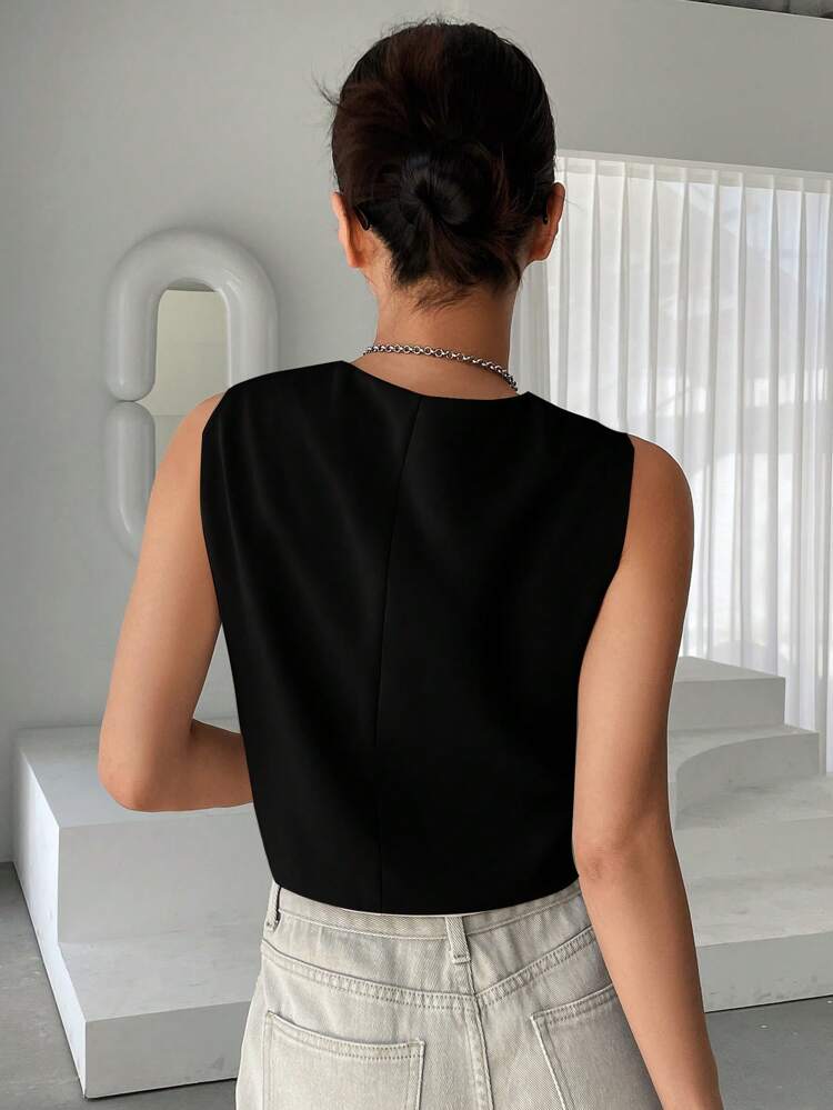 Solid Button Front Crop Vest Blazer Business Attire