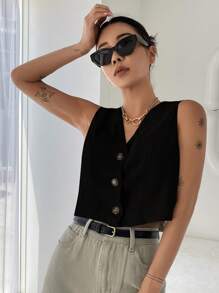 DAZY Áo vest dáng ngắn cài cúc phía trước, trang phục công sở. - màu đen - Xem 3